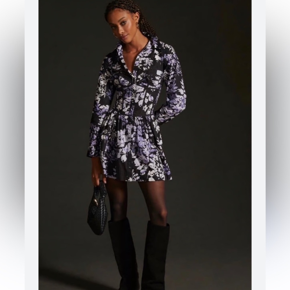 Anthropologie Black and Lavender Floral Midi Dress